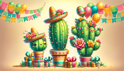 Botanical Fiesta: Cartoon Cacti Adorned with Flowers and Ribbons in a Festive Setting