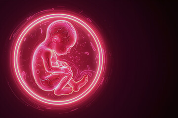 human embryo in neon pink lights  isolated in black background. banner, poster, web