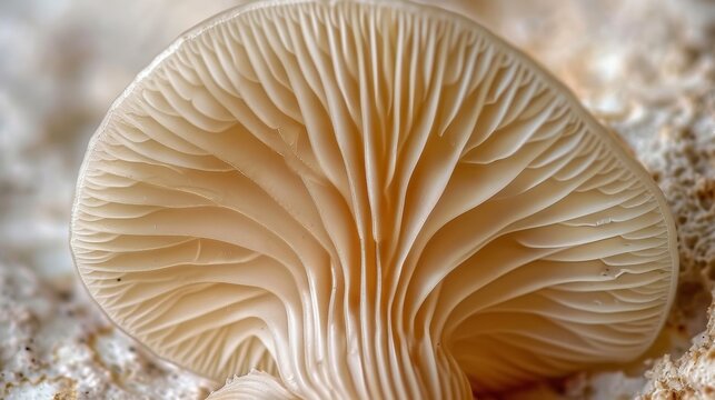 A macro shot of a mushroom cap with delicate gills that appear almost translucent..