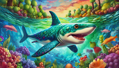 oil painting style CARTOON CHARACTER CUTE a big shark swimming in the deep blue water
