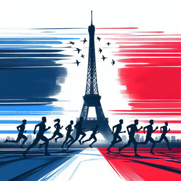 minimalist, artwork painting, dinamic, hand painted, french flag colors, vector, people running, on the background the eifel tower