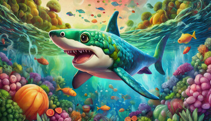 oil painting style CARTOON CHARACTER CUTE a big shark swimming in the deep blue water