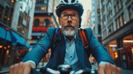 A man in a suit and glasses rides a bicycle down a city street. He is wearing a helmet and has a backpack on his back. The scene is urban and bustling, with many buildings and people in the background