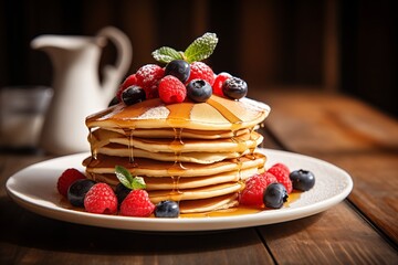 Stack of fluffy pancakes topped with berries - 796811865