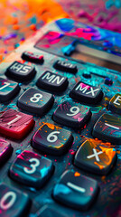 A colorful calculator with the numbers 1 through 9 on it. The calculator is covered in paint, giving it a unique and artistic appearance