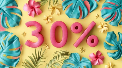 Vibrant Summer Sale Banner with Bold 30% Discount and Tropical Elements on Yellow Background. Horizontal banner for summer marketing concept.