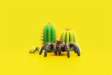spider sits on a cactus. green background. yellow background. close-up