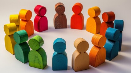 Vibrant Wooden Peg Dolls Gathered in a Circle on a White Background. Horizontal concept people diversity