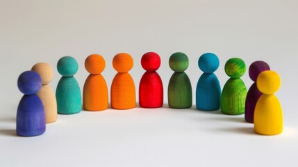 Colorful Wooden Peg Dolls in a Row on a Neutral Background. Horizontal concept people diversity