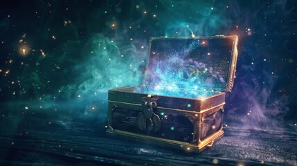 Enchanting Treasure Chest With Glowing Mystical Lights on Wooden Surface. Horizontal background copy space