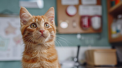 A cat is sitting in front of a board with a red sign on it. The cat is looking at the camera with a curious expression