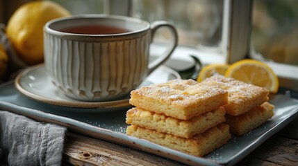 An understated presentation of a cup of earl grey tea with a small plate of lemon shortbread.