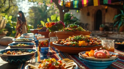 An authentic Mexican family celebrates Cinco de mayo together at a festive table, Mexican food