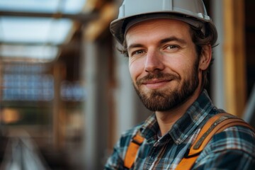 Smiling male construction worker with safety helmet posing for a close-up portrait on a construction site