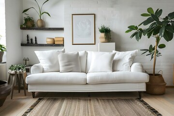 Mockup of a contemporary living room with a white pillow couch. Concept Living Room Design, Contemporary Decor, White Couch, Mockup, Interior Inspiration