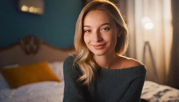  Beautiful, young woman posing in front of camera, working as Webcam model. online flirting, sex on Internet chat. online sex industry