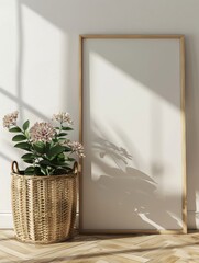 Minimalist Home Decor: Elegant Framed Poster Beside Wicker Plant Basket in Sunlit Room. Vertical white picture mock up with space for text.