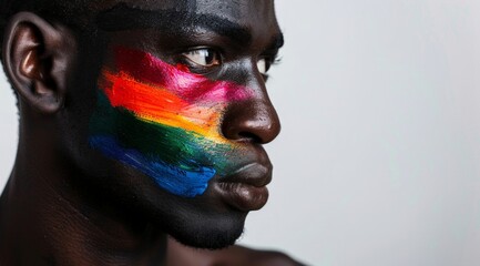 Vibrant Rainbow Paint Streak on African Man's Profile Portrait Against White background . copy space. background LGBT concept.