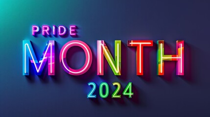 Vibrant Neon Sign for Pride Month 2024 Celebration on Dark Background. copy space. Horizontal background LGBT concept.