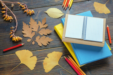 Autumn, back to school. Stack of books, colored pencils  and autumn leaves on rustic table. Copy...