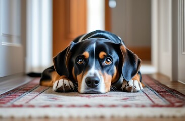 Adult dog lies on the carpet at the threshold inside a house or apartment and waits for the owners, looking at the camera with sad eyes