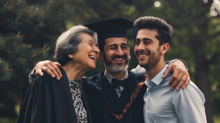 Proud Family Celebrating Graduation Day Outdoors. Horizontal high school graduation concept.