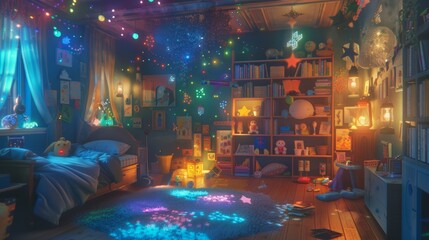 A child's bedroom filled with toys and books, each one glowing with a soft, magical light.