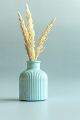 a ribbed plaster vase with fluffy dried flowers on a light gray background. free space for text