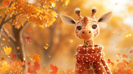 animated cartoon character of a lovable giraffe wrapped in a warm scarf, ready to embrace the autumn season