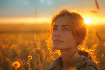 Woman with thoughtful expression in wheat field - 796814694