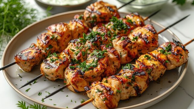 A clean and uncluttered photograph of a plate of grilled chicken skewers with tzatziki sauce.