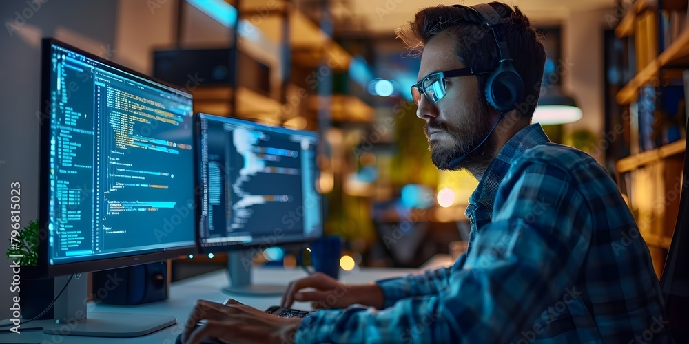 Poster dedicated software engineer validating critical code update in late night workspace