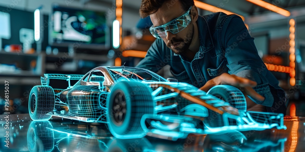 Aufkleber engineer examines sleek prototype vehicle in innovative workshop for aerodynamic testing
