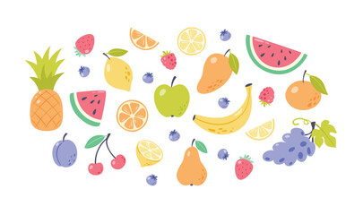 Set of fruits and berries. Flat style vector illustrations of healthy food