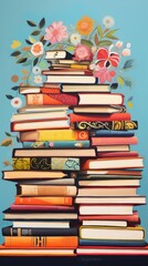 An artistic composition featuring a stack of children books