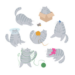 Cute striped grey cat with different objects and with various emotions. Cat behavior, body language and face expressions. Set of vector illustrations