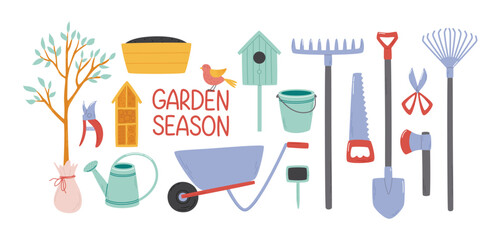 Set of various gardening tools and accessories. Flat vector illustrations collection