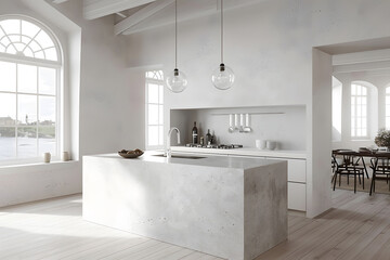 Contemporary modern kitchen interior in white with concrete details.