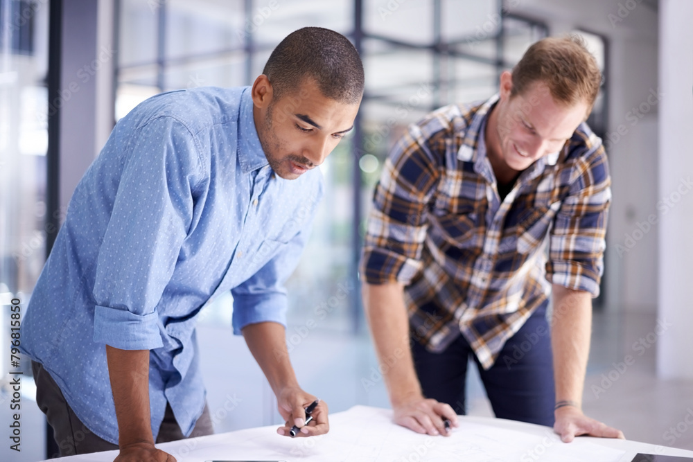 Poster happy, architect and contractor with blueprint discussing building plans and construction in office.