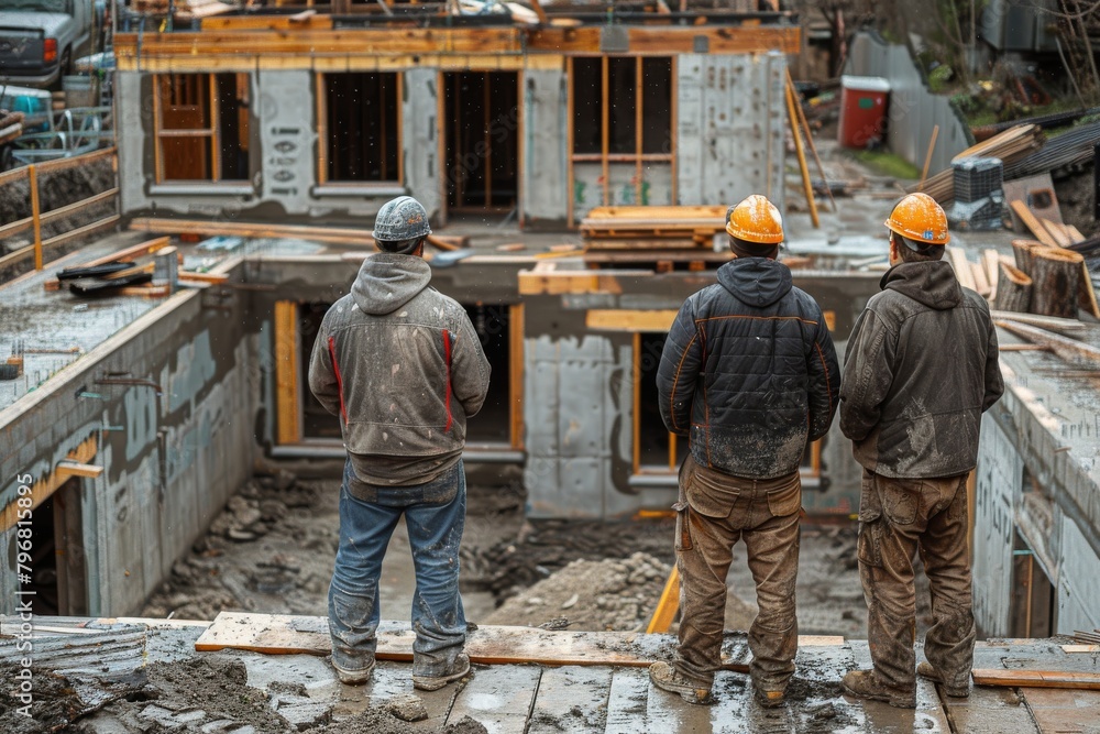 Aufkleber back view of two construction workers standing before the concrete framework of a building under con