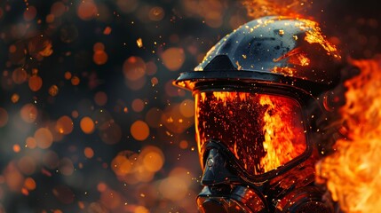 A close-up of a firefighter's helmet reflecting the dancing flames, capturing the raw power and danger of the fire.