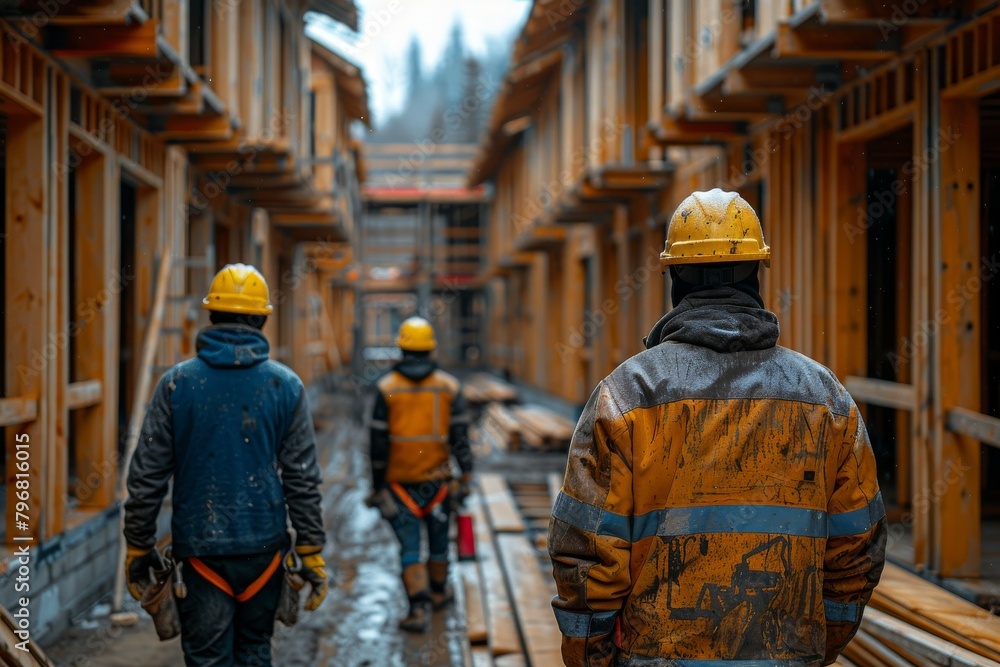 Poster captured in sharp detail, construction workers move through a partially built complex filled with wo