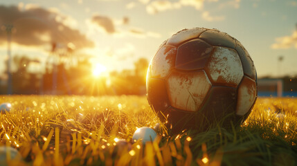 Soccer ball on field at sunset