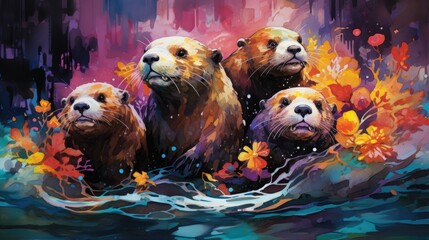illustration of a group of playful otters sliding down a riverbank, AI Generative - obrazy, fototapety, plakaty