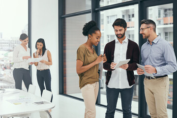 Office, staff and tablet with mentor, discussion and teamwork for b2b report or project. Man, woman and communication for collaboration, partnership and small business meeting with iot planning group