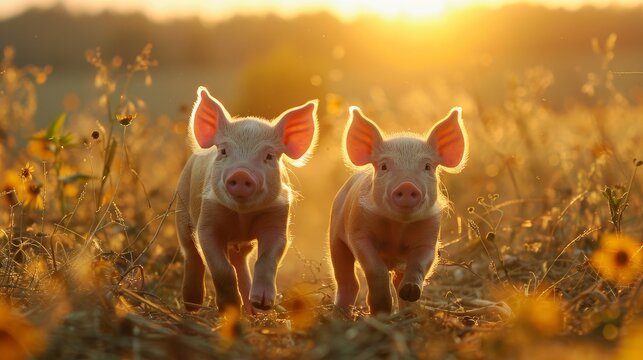 Dramatic sunset showdown  intense battle between determined piglets on farm hills