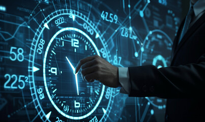 The businessman uses a virtual screen interface that displays a calendar with marked important meetings and reminders that help him manage his time effectively and not miss any important deadlines.