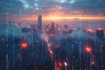 Fototapeta premium A breathtaking cityscape at dusk with a sea of clouds and glowing buildings representing a modern metropolis