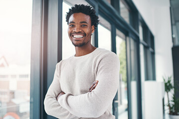 Black man, portrait and business with confidence by window in career ambition or job opportunity at...