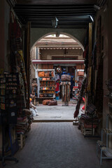 View of a souvenir shop, located in the souk in the medina of Marrakech, Morocco. A souq or souk is...